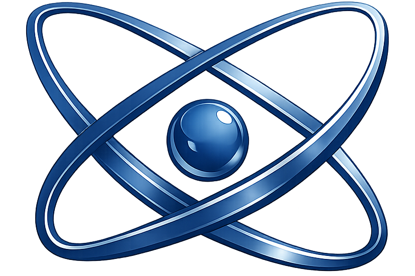 Blue atom symbol on a white background