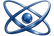 Blue atom symbol on a white background